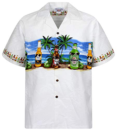 P.L.A. Pacific Legend Original Hawaiihemd, Kurzarm, Bierflaschen Corona Brustdruck, Weiß, M von P.L.A.