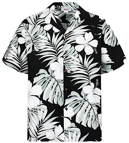 P.L.A. Pacific Legend Original Hawaiihemd, Kurzarm, Schwarz Weiß Graue Blume, Schwarz, 4XL von P.L.A.