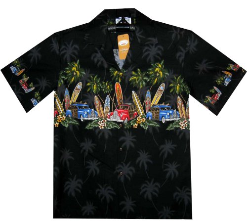 P.L.A. Pacific Legend Original Hawaiihemd, Kurzarm, Surfbretter Autos Brustdruck, Schwarz, 4XL von P.L.A.