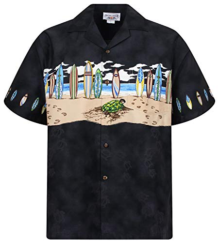 P.L.A. Pacific Legend Original Hawaiihemd, Kurzarm, Surfbretter Schildkröten Brustdruck, Schwarz, 3XL von P.L.A.