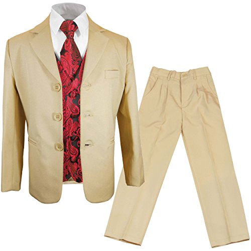 Paul Malone - Jungen Anzug/Kinder Anzug festlich beige Uni + rotes Paisley Westen Set mit Krawatte 18 von P.M. Kinderanzug