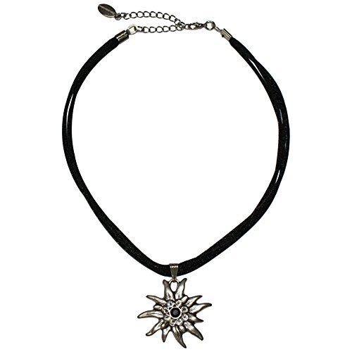 Trachtenkette für Dirndl oder Trachtenkleid großes Edelweiß mit Swarovski-Elements edle Dirndlkette Trachten-Kette mit Seidenkordel Halskette für Damen hochw. Qualität, Farbe:schwarz von P.S. Schuhmacher