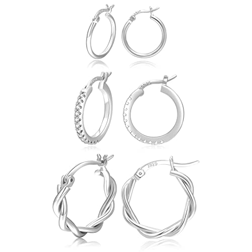 Ohrringe Silber 925 Creolen 3 Paa Silber Creolen Damen Hypoallergen Zirkonia Creolen Set für Frauen Mädchen 13/15/20mm PABBEU von PABBEU