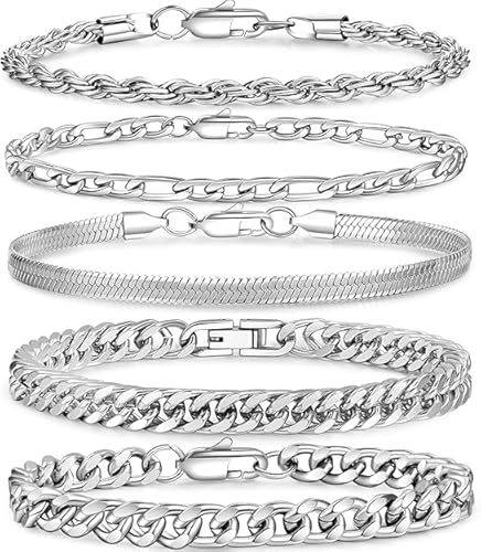 PABBEU 5 Stück Armband Herren Silber, Classique Edelstahl Armband Herren, Hop Rapper Silberarmband Ensemble für Weihnachten, Valentinstag, Geburtstag, Vatertag von PABBEU