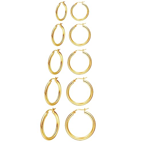 PABBEU 5Paare Goldene Ohrringe Damen Ohrringe Gold Creolen Schläfer Creolen Gold Klein Mini Hypoallergen Gold Ohrringe für Damen und Mädchen 8/10/12/14/16mm von PABBEU