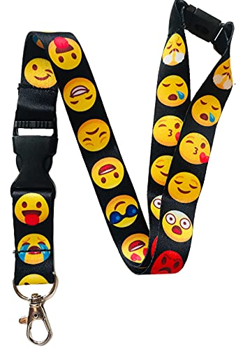 PAC Supplies Global Lustiges Umhängeband in Kindergröße mit Sicherheitsverschluss, exklusiv für Kinder hergestellt, Schwarzes Emoji mit Schnallenclip von PAC Supplies Global
