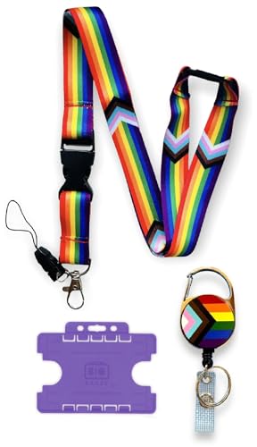 PAC Supplies Global Rainbow LGBTQ Progress Pride Flaggen-Schlüsselband mit abnehmbarem Schnallenclip, horizontaler Ausweishalter, einziehbarer Ausweishalter mit Gürtelclip, regenbogenfarben, One size von PAC Supplies Global