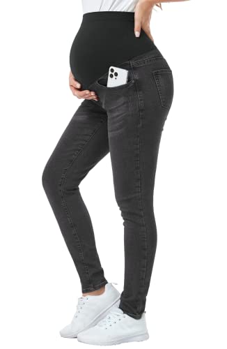 PACBREEZE Damen Umstandsjeans über dem Bauch Slim Stretchy Hohe Taille Denim Skinny Hose mit Taschen, 04: Wash Black, S von PACBREEZE