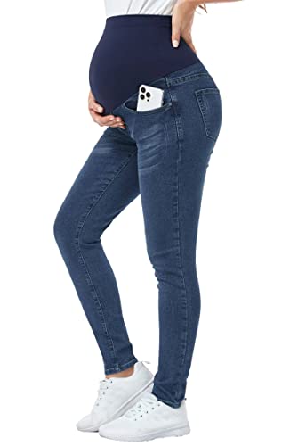 PACBREEZE Damen Umstandsjeans über dem Bauch Slim Stretchy Hohe Taille Denim Skinny Pants mit Taschen (Ripped Indigo Blue, Medium), Blau von PACBREEZE