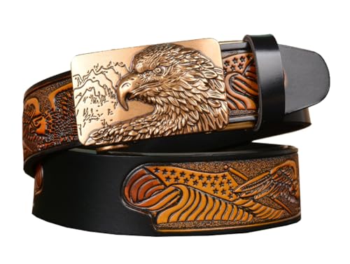PACDE Western Cowboy Adler Geprägte Gürtel Männer Leder Gürtel Adler Moutain Automatische Schnalle Leder Männer Gürtel, schwarz gold, for38"-39"waist size von PACDE