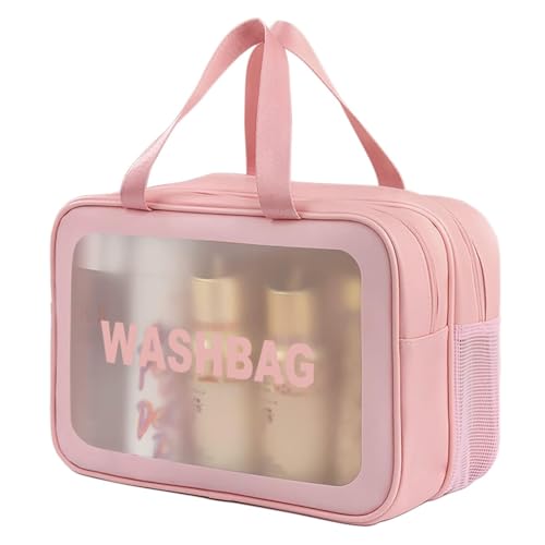 Kulturbeutel für Damen, PVC, transparent, mit Griffen, für Nass- und Trockentrennung, großes Fassungsvermögen, Pink von PACIOCEAN