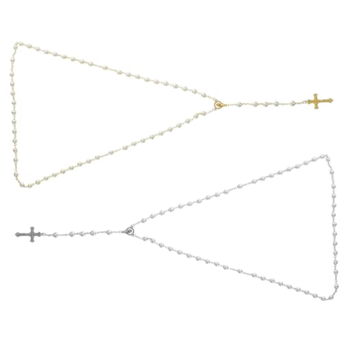 PACKOVE 2 Stück Kreuzanhänger Halsketten mit Goldfarbenen Perlen Verstellbare Schmuckkette Leichtes Design Modischer Halsschmuck für Damen und Herren Perlenkette Weiß und Gold von PACKOVE