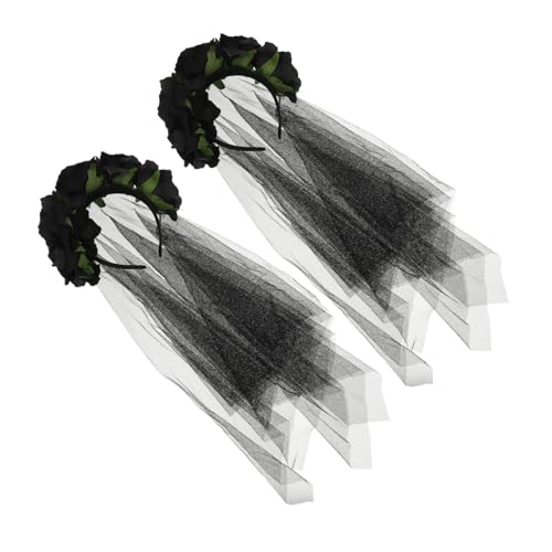 PACKOVE 2 Stück Schwarzes Halloween Rosen Schleier Haarband Atmungsaktiver Mesh Schleier mit Stabiler Sitz Braut Kopfschmuck für Party Tag der Toten Festival und Kostüm von PACKOVE