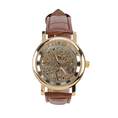 PACKOVE 2stücke Herren Automatik-Uhr Mit Skelett-zifferblatt Goldbraun Edelstahl Pu-Armband Präzise Mechanische Bewegung Für Männer Und Jungen Zeigt Stunden Minuten Und Sekunden von PACKOVE