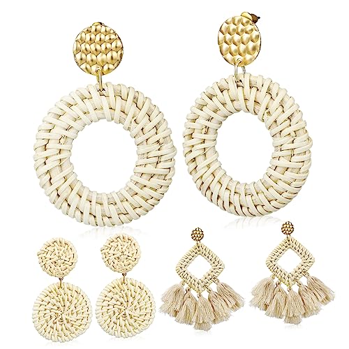 PACKOVE 3 Paare Bohemian Ohrringe Rattan Flecht Design Leichte Statement Tropfenohrringe mit Quasten für Damen und Mädchen Handgefertigte Geflochtene Ohrhänger Vielseitig Kombinierbar und von PACKOVE