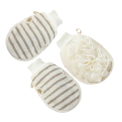 PACKOVE 3 Stück Badetuch Badehandschuh Peeling Duschhandschuhe Für Damen Peelungshandschuh Duschschuh Peelende Handschuhe Badhandschuhe Hautwäscher Duschschrubber Flachs Beige von PACKOVE