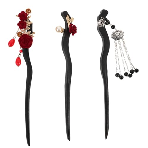 PACKOVE 3 Stück Teiliges Holz Rosen Haarstäbe mit Vintage Quasten Traditionelle Chinesische Haarnadeln für Frauen Leichtes Glattes Design Handgeschnitzte Blüten für Festliche von PACKOVE