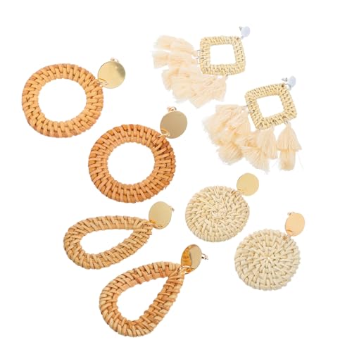 PACKOVE 4 Paare Handgefertigte Rattan Ohrhänger Geometrische Ohrringe Leicht und Angenehm Modisch für Damen Alltag und Party von PACKOVE