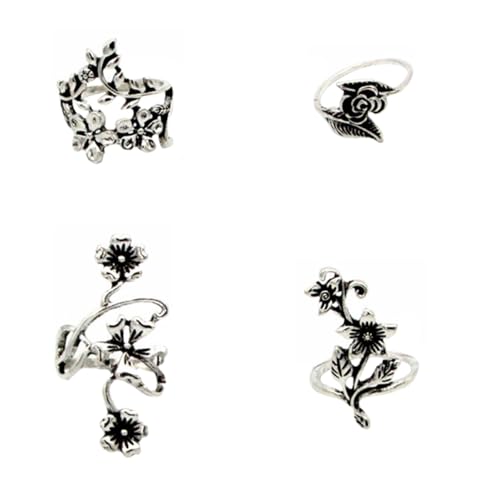 PACKOVE 4 Stück Teiliges Damen Vintage Knöchelring aus Hochwertiger Legierung Retrofarbene Blumenringe Leicht Langlebig und Modisch für Alltag Party und Geschenkidee von PACKOVE