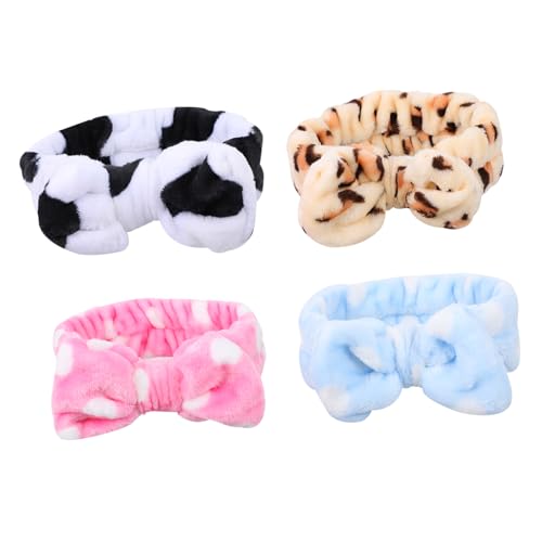 PACKOVE 4Stücke Teiliges Damen Kopfband aus Korallenfleece Elastische Gesichtswäsche Haartücher für Make Up Spa Yoga und Weißes Kuhmuster von PACKOVE