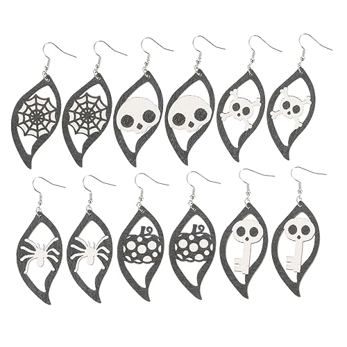 PACKOVE 6 Paare Halloween Ohrringe Damen Dangle Ohrstecker Gothic Stil Holz Ohrhänger für Party Kostüm Zubehör Schädel Kürbis von PACKOVE