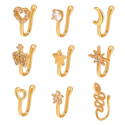 PACKOVE 9 Stück Teiliges U Förmiges Kupfer Nasenclip Piercing Langlebiger Nasenring Schmuck mit Stern Herz und Kronenmotiven Hautfreundlich Sicherer Halt für Damen Modisches Accessoire von PACKOVE