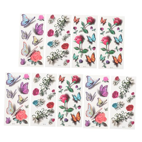 PACKOVE 9Blätter Wasserdichte Aufkleber Farbige Temporäre Tattoos mit Schmetterlings und Blumendesign für Partys Festivals und Dekorationen Einfach Anzubringen von PACKOVE