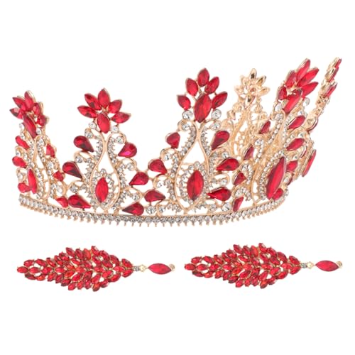 PACKOVE Barocke Brautkopfschmuck Set mit Funkelndem Strasskronen Haarschmuck und Roten Ohrringen Elegantes Schmuck Accessoire für Hochzeit Tanzball und Festliche Damenanlässe von PACKOVE
