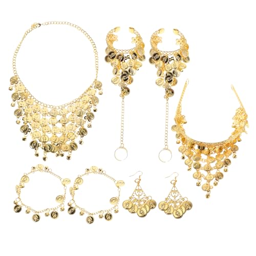PACKOVE Bauchtanz Schmuck Set Goldfarbenes Tanzaccessoires Set für Damen mit Kopfkette Halskette Armband Fußkettchen Ohrringe Leicht Angenehm für Aufführungen Festivals von PACKOVE