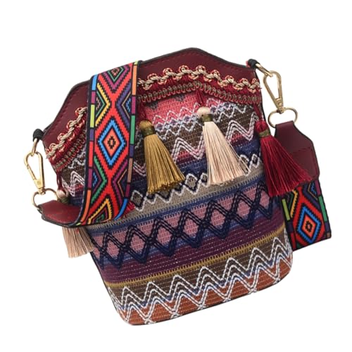 PACKOVE Boho Damen Bucket Bag Schultertasche aus Langlebigem PU mit Webmuster und Quasten Crossbody Umhängetasche für Alltag Shopping Party Vielseitig Einsetzbar Rot von PACKOVE