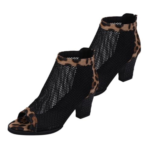 PACKOVE Chunky High Heel Sandalen Damen Netzstoff mit Cut Outs Leopardmuster Bequeme Peep Toe Schuhe Modische Blockabsatz Sandalen für Alltag und Party von PACKOVE