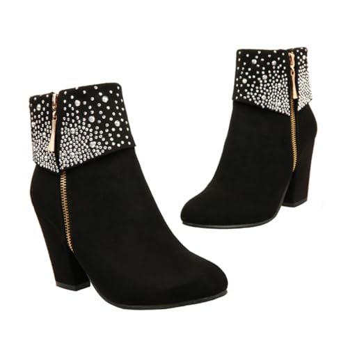 PACKOVE Damen Ankle Booties mit Grobem Absatz und Funkelnden Strasssteinen Winter Hochzeit Stiefeletten Kurze Boots für Herbst und Festliche Anlässe Schwarz von PACKOVE