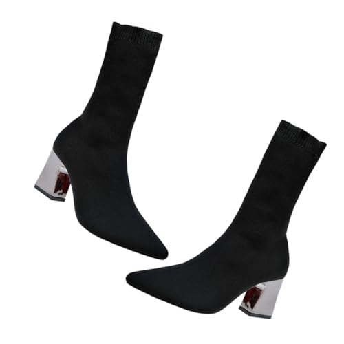 PACKOVE Damen Ankle Boots Kurzschaft Stiefeletten mit Chunky Blockabsatz Spitz Zulaufend Gestrickt Elastisch Modisch für Herbst Winter Vielseitig Kombinierbar für Freizeit Party und von PACKOVE