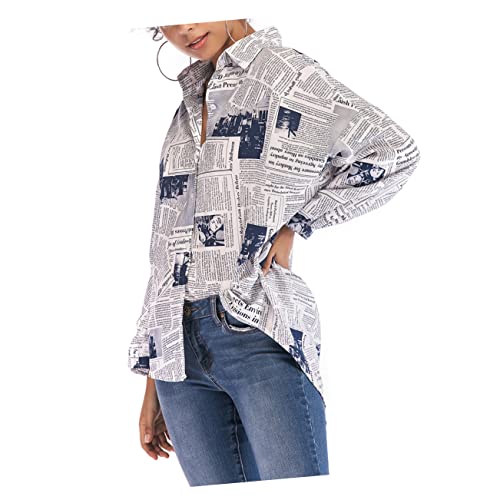 PACKOVE Damen Bluse Mit Zeitungsdruck Einreihig Hemdkragen Langarm Für Frühling Und Sommer Blau von PACKOVE