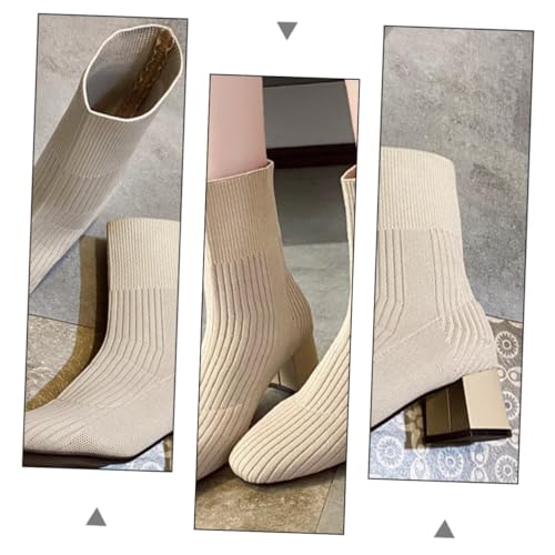 PACKOVE Damen Gestrickte Stiefeletten mit Dickem Blockabsatz Herbstliche Kurzstiefel aus Gewebtem Material Bequeme Robuste Schuhe für Alltag und Geschenk Modische Frauenschuhe in Beige von PACKOVE