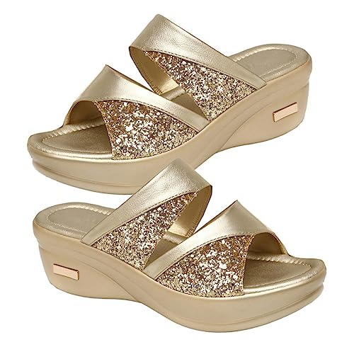 PACKOVE Damen Keilabsatz Sandalen Sommer Casual Slipper mit Dicker Sohle Bequeme Offene Fish Mouth Schuhe Outdoor Pantoletten Goldfarben für Strand und Alltag von PACKOVE