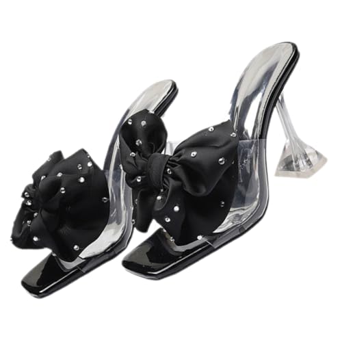 PACKOVE Damen Mules High Heels mit Schleifen detail Absatz Stilvolle Bow Tie Slides Sandalen Sommer Half Slide Pantoletten Atmungsaktiv und Angenehm für Büro und Freizeit Schwarz von PACKOVE