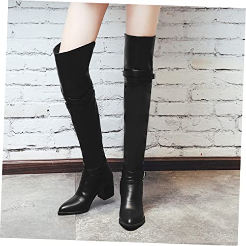 PACKOVE Damen Overknee Stiefel Winter Warm PU Hochschaft Boots mit Rutschfester Sohle und Dickem Absatz Kniehohe Langschaftstiefel für Herbst Outdoor Freizeit und Party Schwarz von PACKOVE