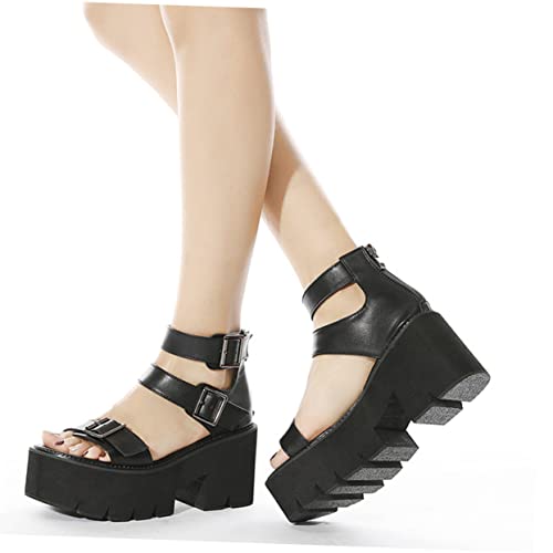 PACKOVE Damen Sandalen mit Dickem Plateauabsatz Sommer Schuhe Schwarz Komfortable Keilabsatz Sandaletten Modisch und Atmungsaktiv für Alltag und Freizeit von PACKOVE