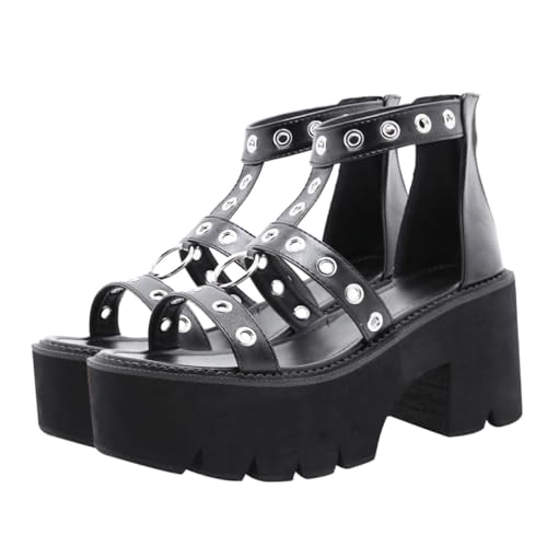PACKOVE Damen Sandalen mit Klobigem Keilabsatz Rutschfeste Dicke Sohle Offene Zehen Runde Metallringe Atmungsaktive Bequeme Sommerschuhe für Party Hochzeit Alltag Schwarz von PACKOVE