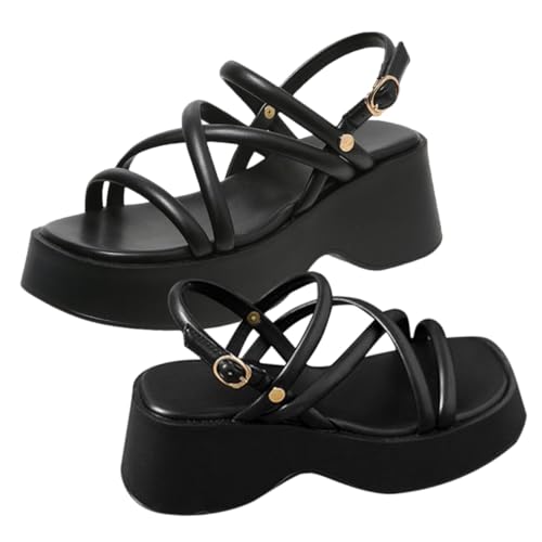 PACKOVE Damen Sandaletten Sommer Wedges Thick Sole Römersandalen Schwarz Stil Atmungsaktiv Langlebig Für Strand Alltag Freizeit von PACKOVE