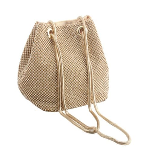 PACKOVE Damen Schultertasche aus Polyester mit Strassbesatz Modische Bucket Bag Handtasche für Frauen Schimmernde Abend clutch in Gold für Partys und Geschenkideen von PACKOVE