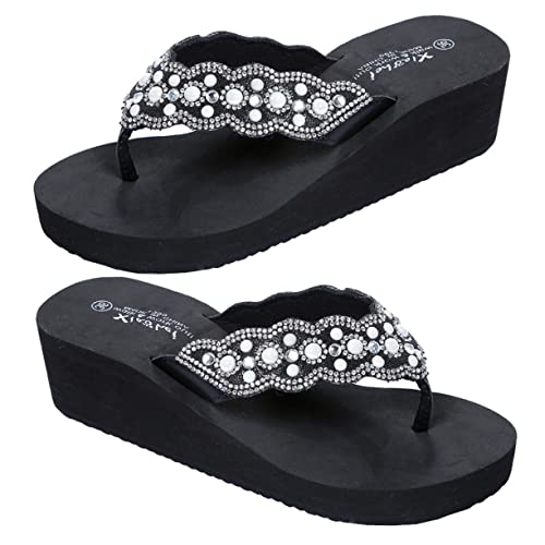 PACKOVE Damen Strand Sandalen mit Perlen und Diamantverzierung Rutschfeste Sommerschuhe Weiche Sohle Flip Flops für Alltag und Urlaub Schwarz von PACKOVE