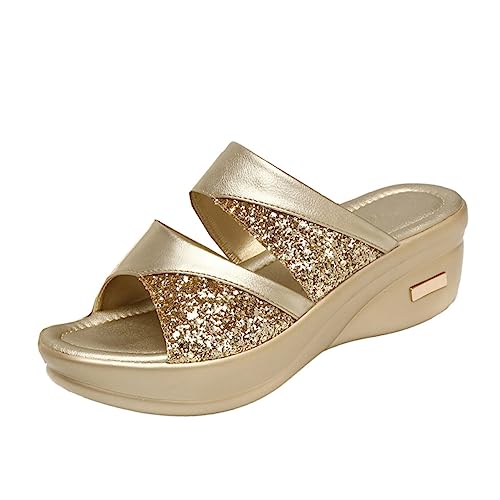 PACKOVE Damen Wedgesandalen Sommer Dicke Keilsohle Fischmaul Offene Zehen Casual Slipper Freizeit Strandschuhe Gold PACKOVE Damen Wedgesandalen Sommer Dicke Keilsohle Fischmaul Offene Zehen Casual Slipper Freizeit Strandschuhe Gold von PACKOVE