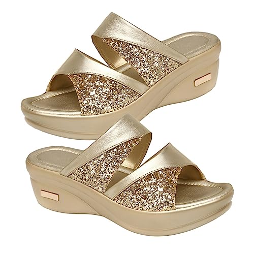 PACKOVE Damen Wedgeslipper Sommer Sandalen mit Dicker Keilsohle und Glänzender Dekoration Bequeme Outdoor Pantoletten für Freizeit und Strand Stylische Fischmaul Mom Schuhe in Gold PACKOVE Damen Wedgeslipper Sommer Sandalen mit Dicker Keilsohle und Glänzender Dekoration Bequeme Outdoor Pantoletten für Freizeit und Strand Stylische Fischmaul Mom Schuhe in Gold von PACKOVE