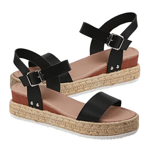 PACKOVE Flache Damen Sandalen Sommer Schwarz Leichtgewichtige Plateau Sohle Rutschfest Bequeme Freizeit Schuhe Stylische Offene Sommerschuhe für Alltag und Party von PACKOVE