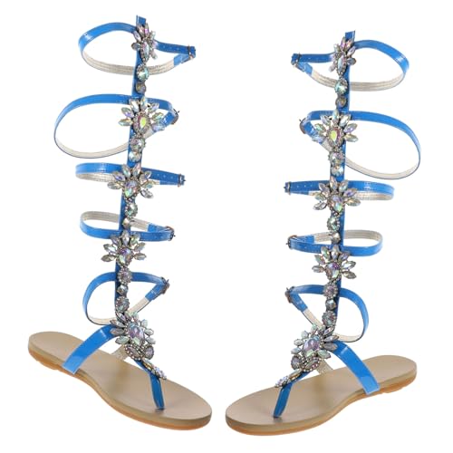 PACKOVE Flache Sandalen Damen Sommer Römisch Elegant Verstellbarer Riemen Atmungsaktiv Strandschuhe Party Alltag Blau von PACKOVE