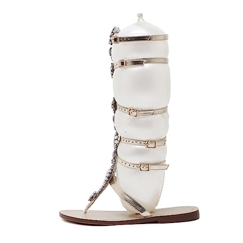 PACKOVE Flat Sole Sandalen Damen Sommer Römisch Stil Atmungsaktiv Mit Strass Schmuck Flach Für Party Alltag Strand Gold von PACKOVE