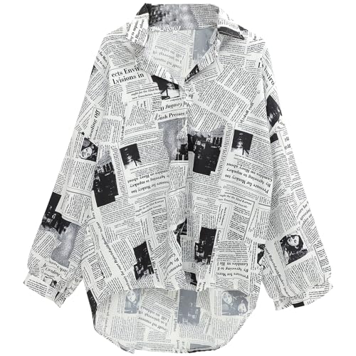PACKOVE Hemd Mit Zeitungsdruck Bedrucktes Damen Revershemd Frauen Oberteile Zeitungshemd Frauen Langarm Revers Hals Damen Button Down Hemd Langarmshirts Für von PACKOVE