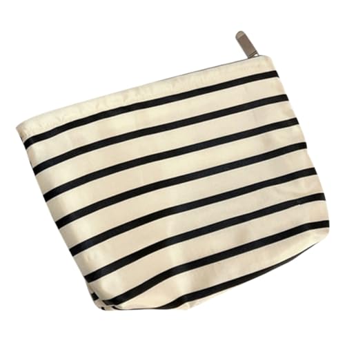 PACKOVE Gestreifte Kosmetiktasche für Damen Tragbare Make Up Tasche mit Reißverschluss für Reisen Büro und Alltag Robuste Materialien Stilvolles Design Weiß von PACKOVE
